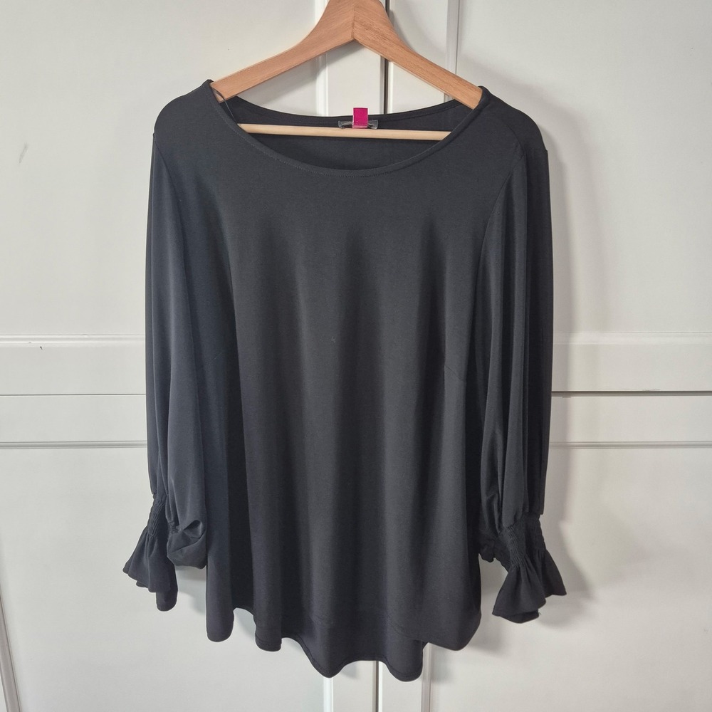 Vince Camuto Black Balloon Sleeve Smocked Cuff Blouse Plus Size 1X Scoop Neck